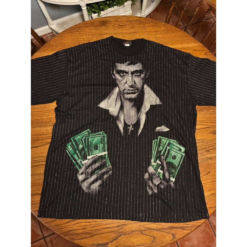 Scarface Tony Montana Money Pinstripe Graphic T-Shirt Black 3XL Mens Universal